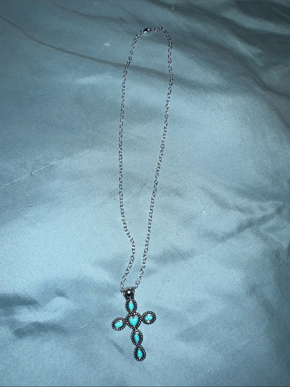 Turquoise Cross Pendant Necklace - Silver Tone
